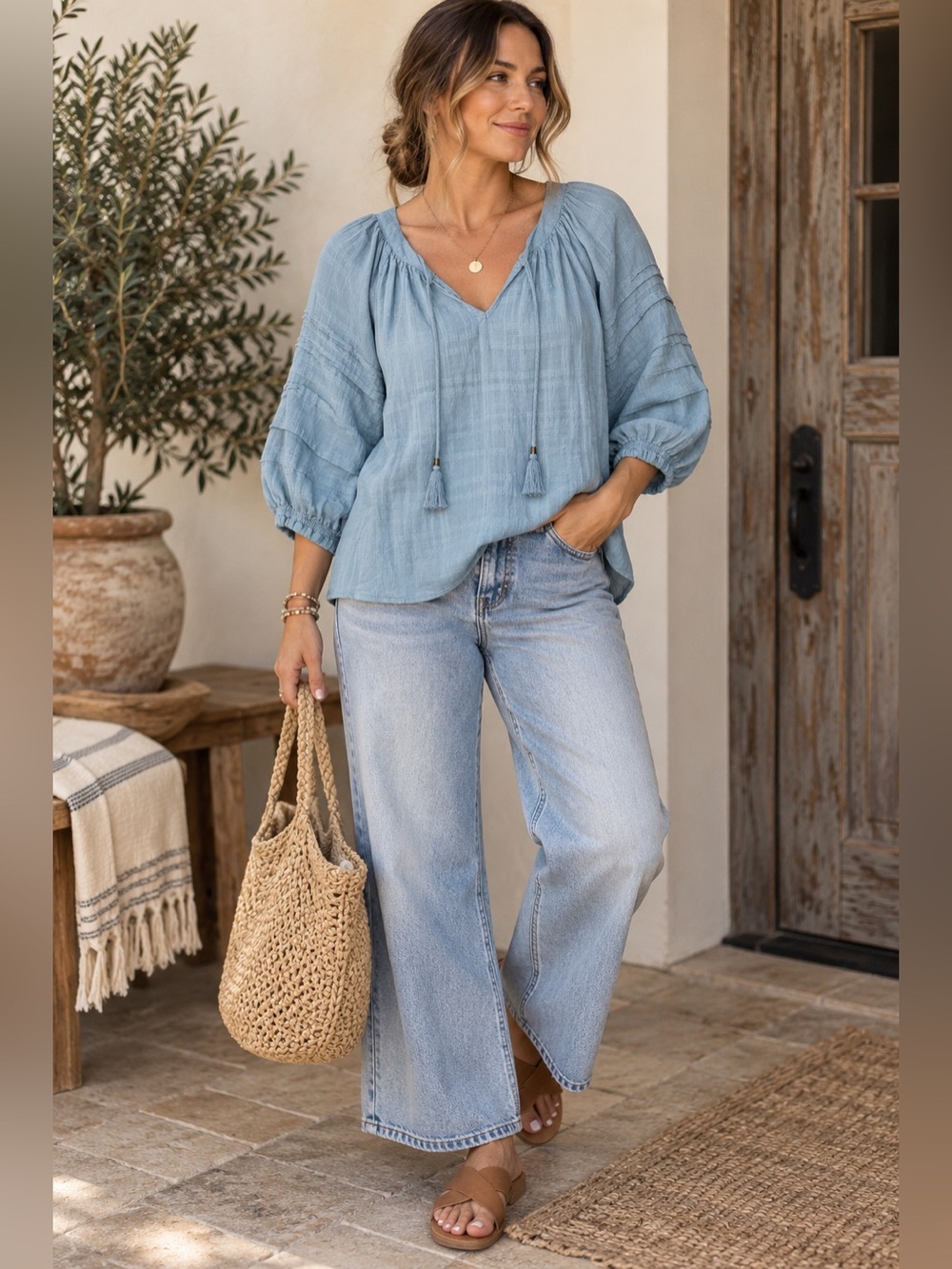 Knox Rose Large Blue Cotton Peasant Blouse Tassel Tie Boho Top